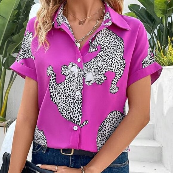 💥NWT  Size 10/M Pink Blouse w/ Leopard Print   B27 - Picture 1 of 2